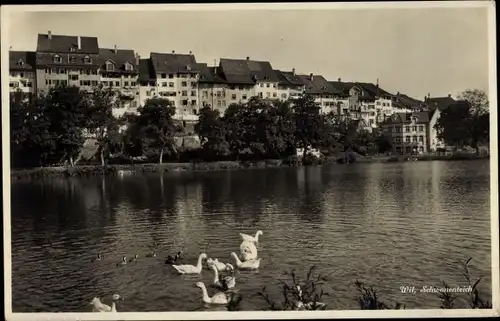 Ak Wil Kt St Gallen Schweiz, Schwanenteich, Panorama vom Ort