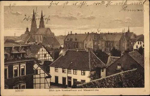 Ak Soest in Nordrhein Westfalen, Blick zum Krankenhaus und Wiesenkirche