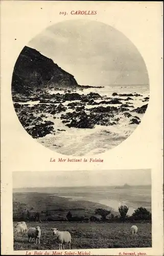 Ak Carolles-Plage Manche, La Mer battant la Falaise, La Baie du Mont Saint Michel