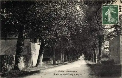 Ak Isigny sur Mer Calvados, Route de Cherbourg a Isigny