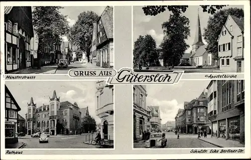 Ak Gütersloh in Westfalen, Apostelkirche, Rathaus, Strassenansicht