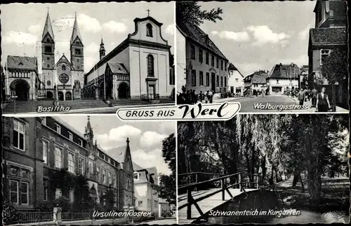 Ak Werl in Westfalen, Basilika, Walburgisstraße, Schwanenteich im Kurgarten, Ursulinenkloster