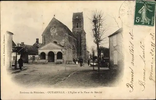 Ak Outarville Loiret, L'Eglise, La Place du MArche