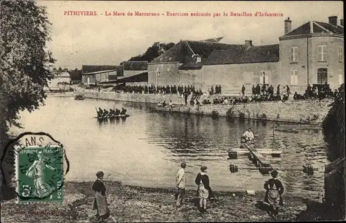 Ak Pithiviers Loiret, Le Mare de Marcereas, Exercises execuses par le Bataillon d'Infanterie