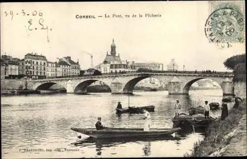 Ak Corbeil Essonne, Le pont, vue de la Pecherie