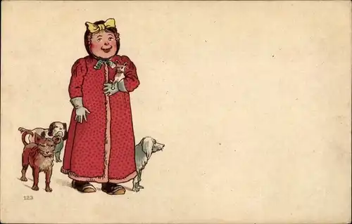 Künstler Ak Mädchen im roten Mantel mit Spitz Hunden und Dackeln