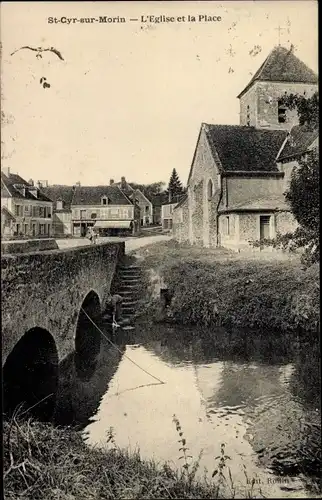 Ak Saint Cyr sur Morin Seine et Marne, L'Église et la Place