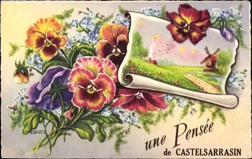 Künstler Passepartout Ak Castelsarrasin Tarn et Garonne, Ortspartie mit Windmühle, Stiefmütterchen