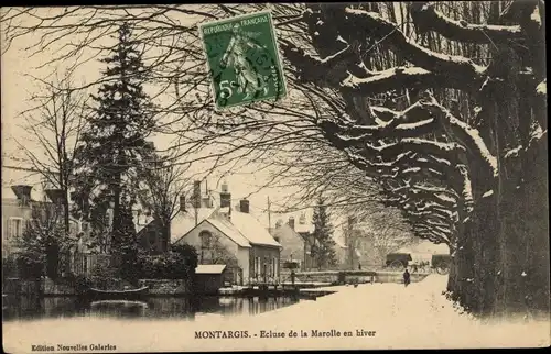 Ak Montargis Loiret, Ecluse de la Marolle en hiver