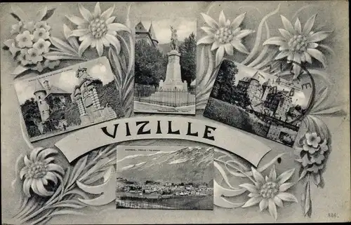 Ak Vizille Isere, Vue générale, monument, chateau, Edelweiß