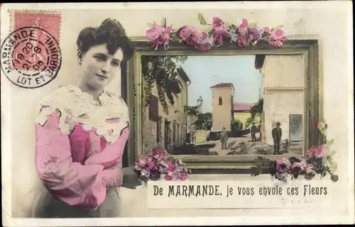 Passepartout Ak Marmande Lot-et-Garonne, une rue, portrait d'une femme