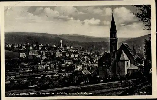 Ak Aue im Erzgebirge Sachsen, Katholische Kirche mit Blick nach dem Zeller Berg