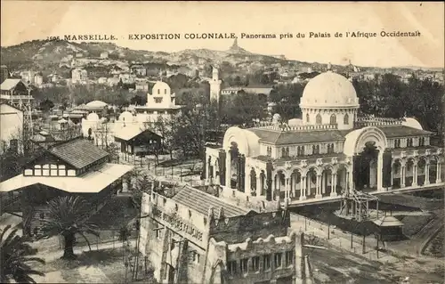 Ak Marseille Bouches du Rhône, Exposition Coloniale, Panorama pris du Palais de l'Afrique Occident.