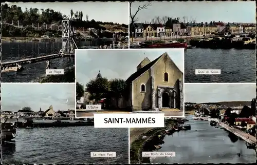 Ak Saint Mammès Seine et Marne, La plage, le quai, le vieux pont, les bords du Loing