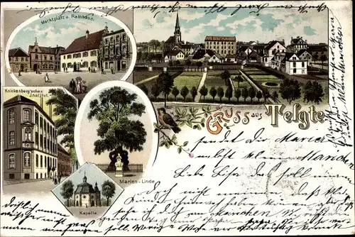 Litho Telgte in Westfalen, Marktplatz und Rathaus, Kapelle, Marienlinde, Knickenberg'sches Institut