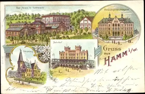 Litho Hamm in Westfalen, Bad Hamm, Vorderansicht, Ständehaus, Bahnhof, Oberlandesgericht,Amtsgericht