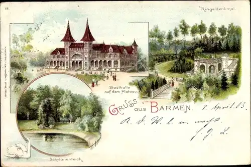 Litho Barmen Wuppertal, Stadthalle auf dem Plateau, Schwanenteich, Ringeldenkmal