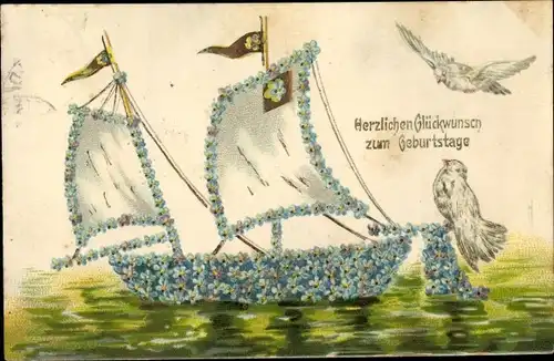 Präge Ak Glückwunsch Geburtstag, Segelschiff aus Vergissmeinnicht, weiße Tauben