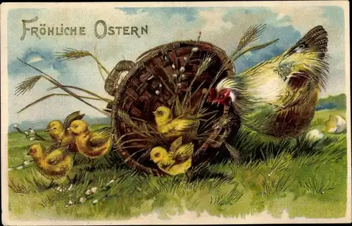 Präge Ak Glückwunsch Ostern, Huhn mit Küken an einem Korb, Weidenkätzchen