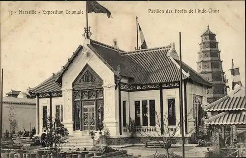 Ak Marseille Bouches du Rhône, Exposition Coloniale, Pavillon des Forets de l'Indo Chine