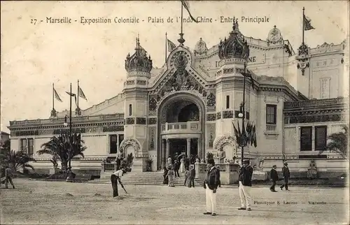 Ak Marseille Bouches du Rhône, Exposition Coloniale, Palais de l'Indo Chine, Entree Principale