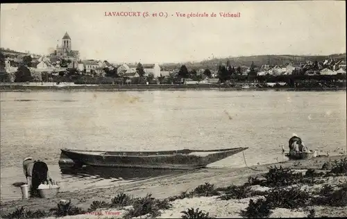 Ak Lavacourt Yvelines, Vue générale de Vetheuil, laveuses