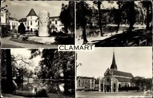 Ak Clamart Hauts de Seine, L'Eglise, l'eatng de Trivaux, Mairie, Square