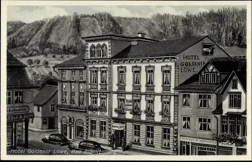 Ak Bad Blankenburg in Thüringen, Hotel Goldener Löwe, Außenansicht, Reparatur Werkstätte