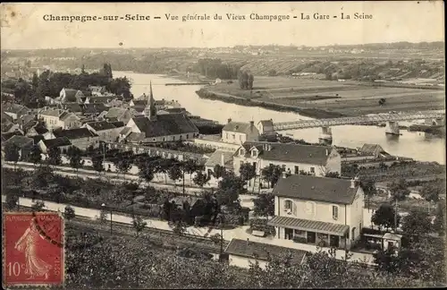 Ak Champagne sur Seine Seine et Marne, Panorama du Vieux Champagne, la gare