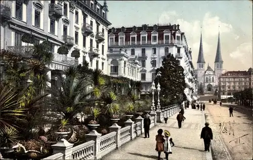 Ak Luzern Stadt Schweiz, Promenade vor dem Hotel Schweizerhof