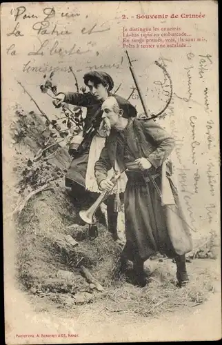 Ak Editions Bergeret, Souvenir de Crimée, Soldat mit Gewehr und Horn, Frau zeigt ihm den Weg