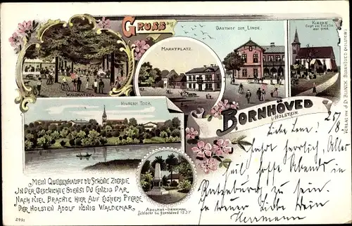 Litho Bornhöved in Holstein, Kriegerdenkmal, Marktplatz, Gasthof zur Linde, Kirche, Adolphsdenkmal