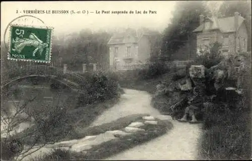 Ak Verrières le Buisson Essonne, Le Pont suspendu du Lac du Parc