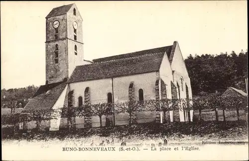 Ak Buno Bonnevaux Essonne, La place et l'Eglise