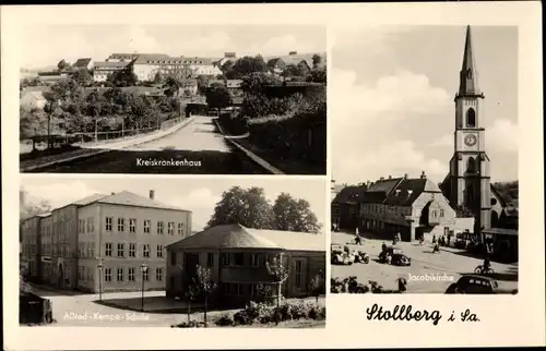 Ak Stollberg im Erzgebirge, Jacobikirche, Kreiskrankenhaus, Alfred Kempe Schule