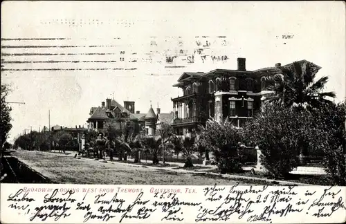 Ak Galveston Texas USA, Broadway looking West from Tremont