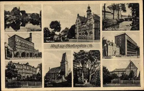 Ak Oberlungwitz in Sachsen, Kirche, Ehrenmal, Schulen, Rathaus, Strumpffabrik