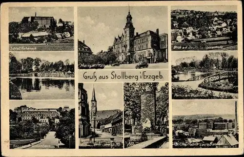 Ak Stollberg im Erzgebirge, Teilansicht, Markt, Rathaus, Schule, Ehrenmal, Kirche, Krankenhaus