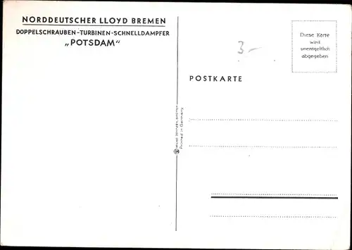 Künstler Ak Schmidt, R., Doppelschrauben Turbinen Schnelldampfer Potsdam, Norddeutscher Lloyd Bremen