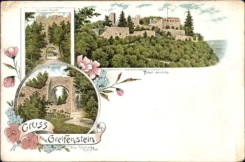 Litho Bad Blankenburg, Schwarzatal, Greifenstein, Haupttor, Totalansicht, Kapelle