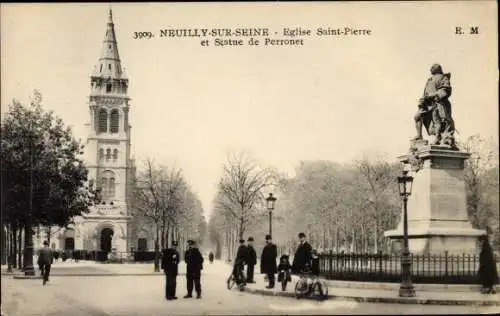 Ak Neuilly sur Seine Hauts de Seine, Église Saint Pierre et Statue de Perronet