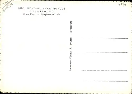 Ak Strasbourg Straßburg Elsass Bas Rhin, Hotel Monopole Metropole