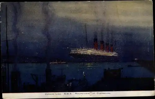 Künstler Ak Cherbourg Manche, Dampfer RMS Mauretania, Cunard Line bei Nacht