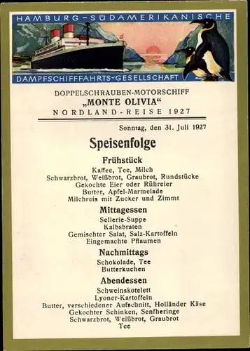 Ak HSDG Doppelschrauben Motorschiff Monte Olivia, Nordland Reise 1927, Speisenfolge, Pinguine