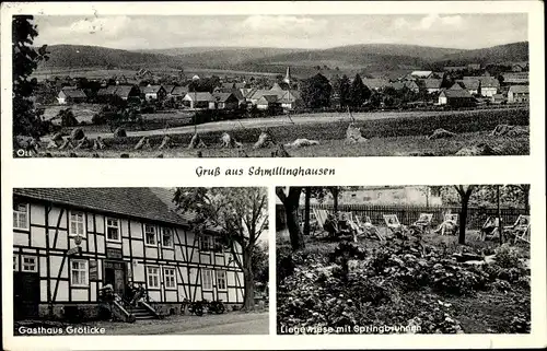 Ak Schmillinghausen Bad Arolsen in Hessen, Panorama, Gasthaus Gröticke, Liegewiese, Springbrunnen