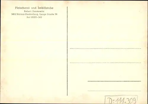 Ak Nörten Hardenberg im Kreis Northeim Niedersachsen, Fleischerei Imbissstube, Inh. R. Dorstewitz