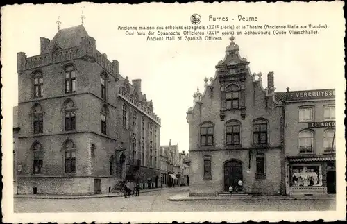 Ak Furnes Westflandern, Ancienne maison et le Theatre, Ancient Hall of Spanish Officers