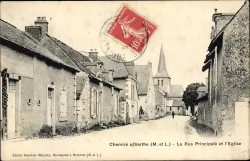 Ak Chemire sur Sarthe Maine et Loire, La rue Principale et l'Eglise