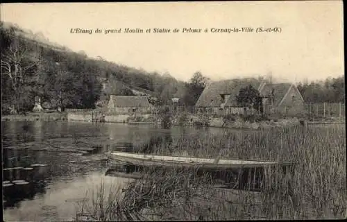 Ak Cernay la Ville Yvelines, L'Etang du grand Moulin, Statue de Peloux