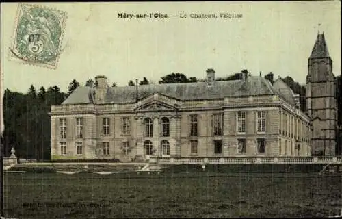 Ak Méry sur Oise Val d’Oise, Le Chateau, l'Eglise
